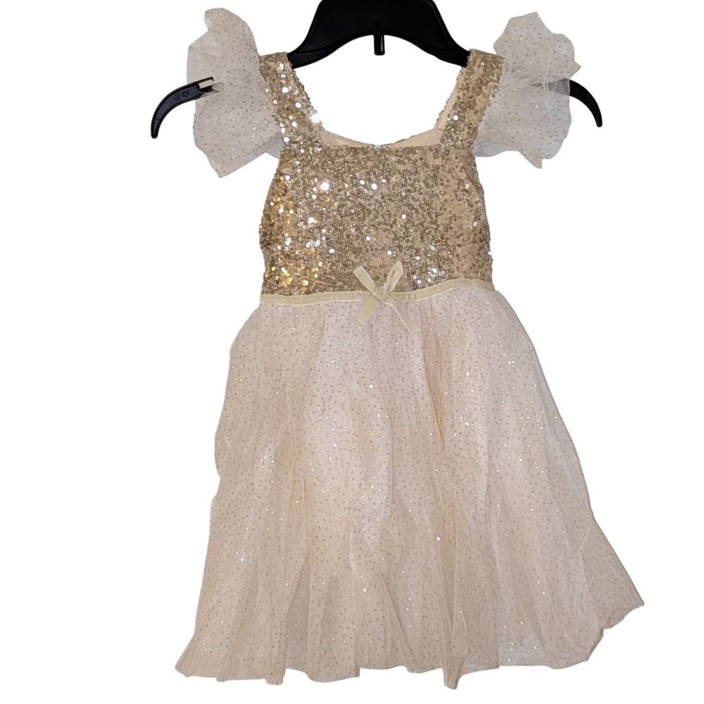 Think Pink Bows Girls Gold Sequin Tulle Party Dress Flutter Sleeve Size 5 NWOT